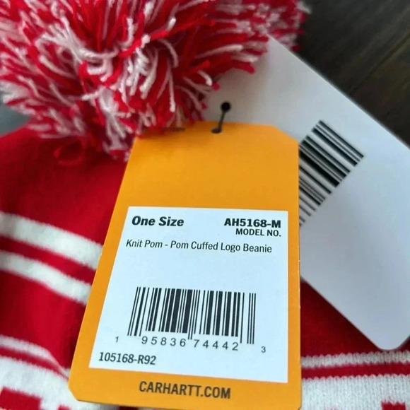 Carhartt Knit Cuffed pom-pom beanie, logo, red/white stripe & pom pom OSFM - Picture 5 of 8